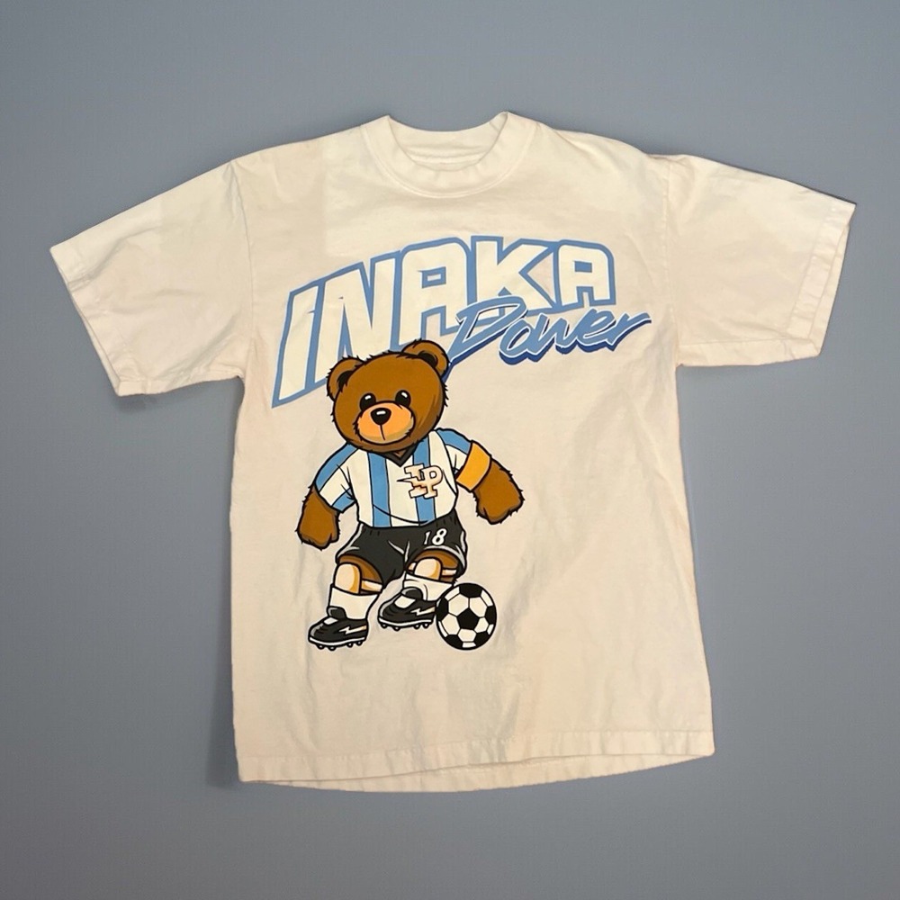 Inaka Power Teddy Bear Soccor Football Graphic Men's T-Shirt Small White Logo